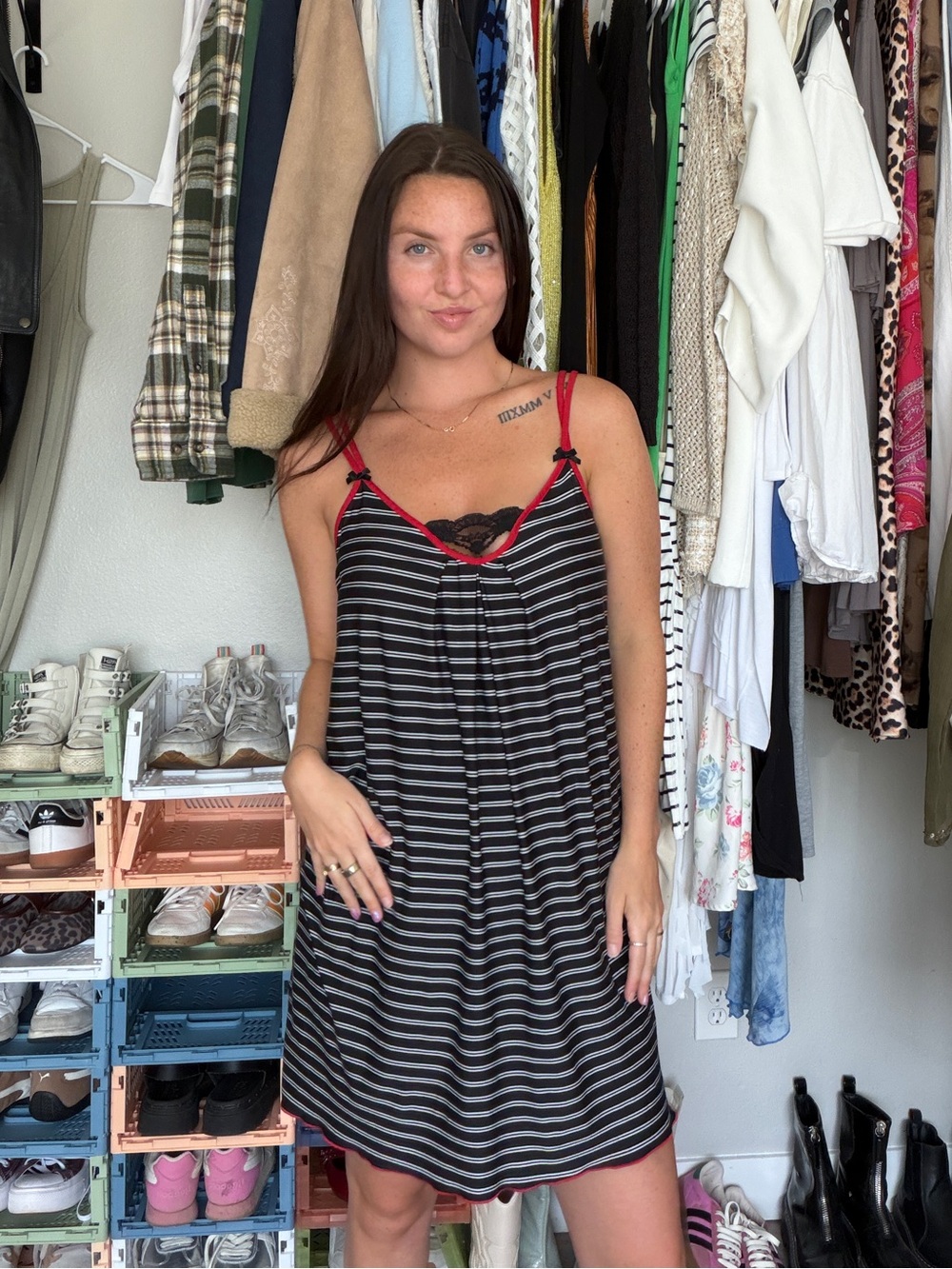 Striped Slip Dress Black Red Trim Lace Detail Size M